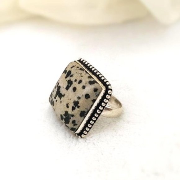 Square Ring Dalmatian Jasper Mauve BlackDot Silver - Picture 5 of 10
